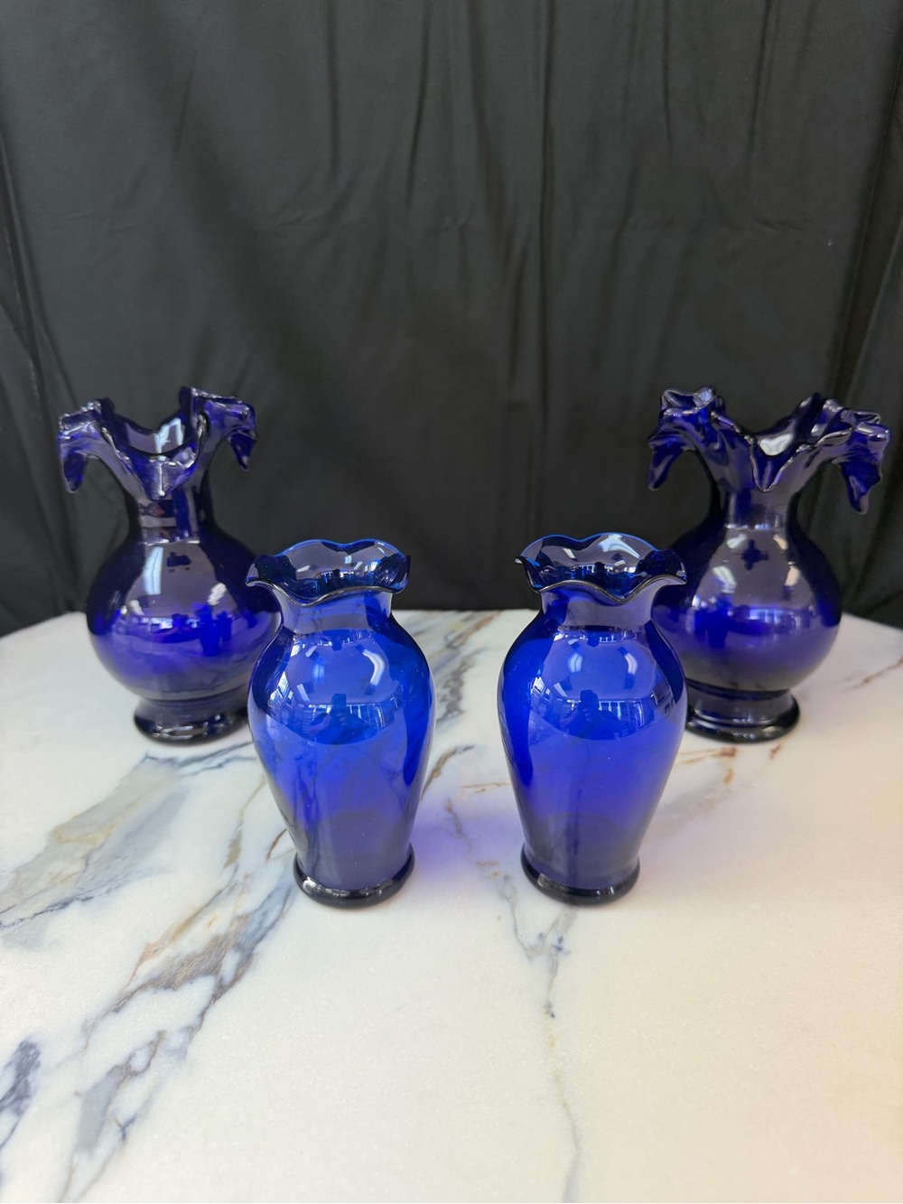 Vintage Cobalt Blue Art Glass Vase Set - 4 Piece Ruffled & Crimped Vase Bundle